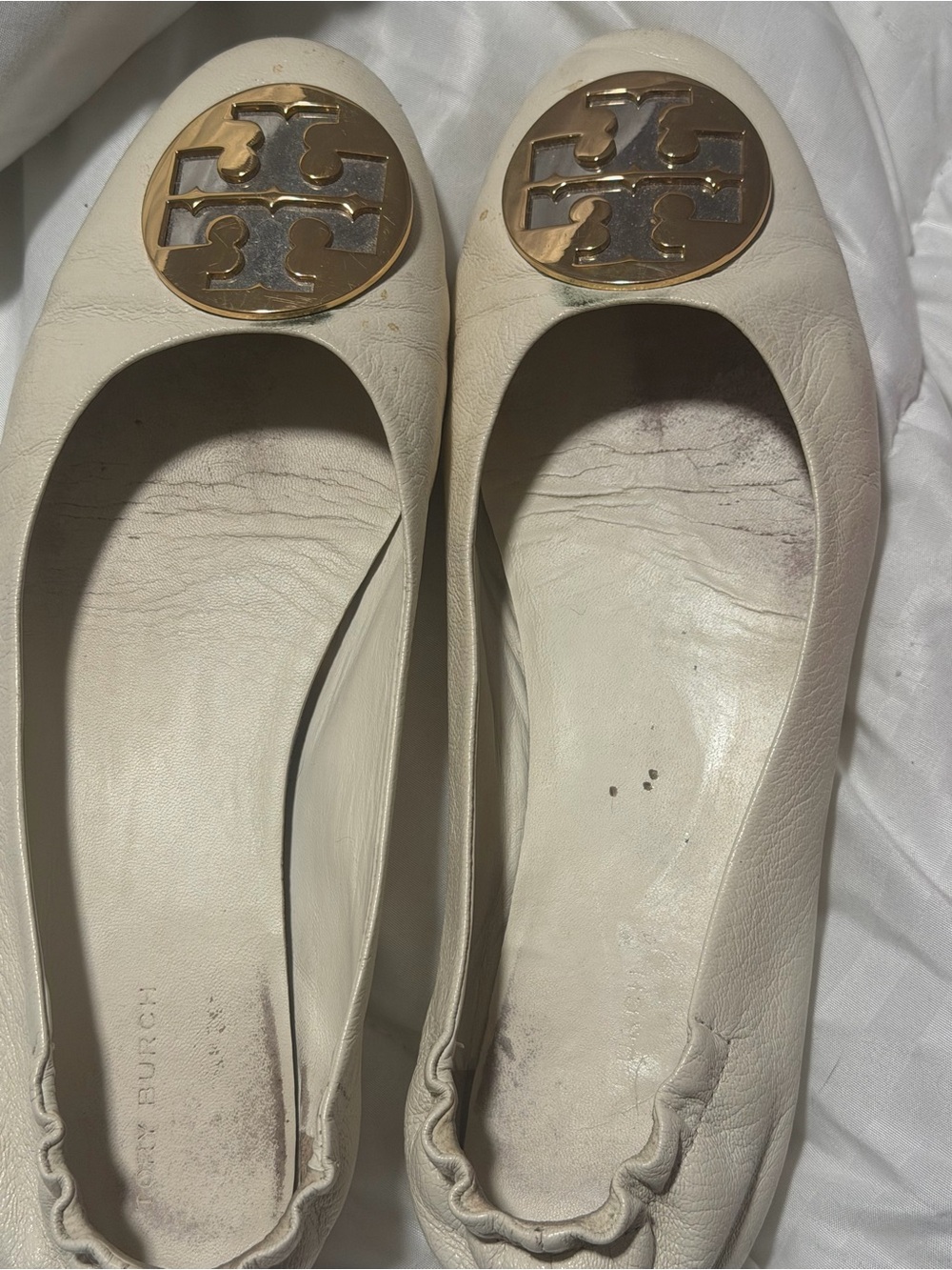 Tory Burch Cream Leather Logo Medallion Ballet Flats